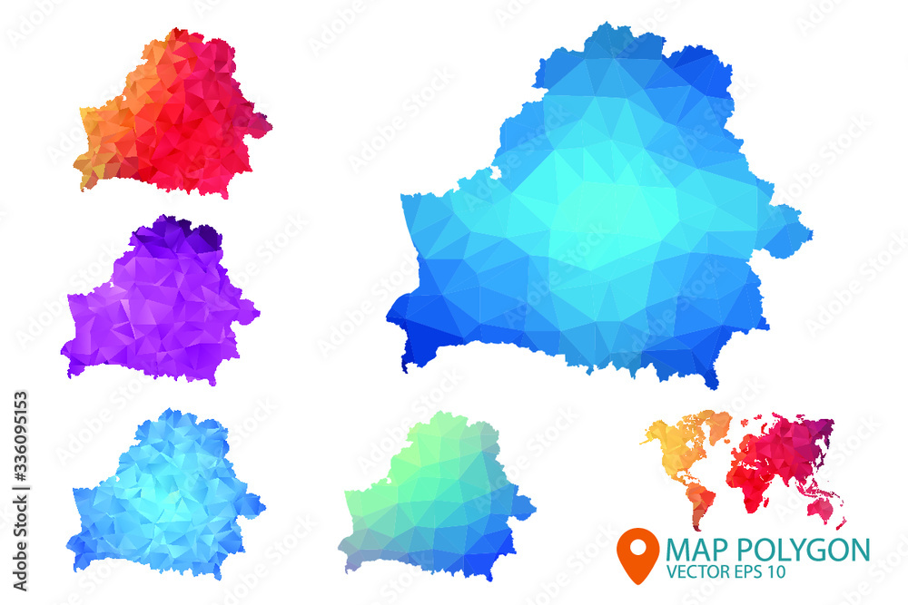 Belarus Map - Set of geometric rumpled triangular low poly style gradient graphic background , Map world polygonal design for your . Vector illustration eps 10. Belarus Map - Set of geometric rumpled triangular low poly style gradient graphic background , Map world polygonal design for your . Vector illustration eps 10.