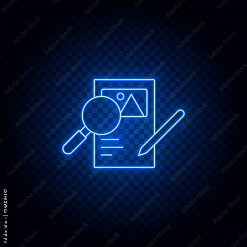 analytic, magnified, pen, image blue neon vector icon. Blue and yellow neon vector icon. Transparent background analytic, magnified, pen, image blue neon vector icon. Blue and yellow neon vector icon. Transparent background