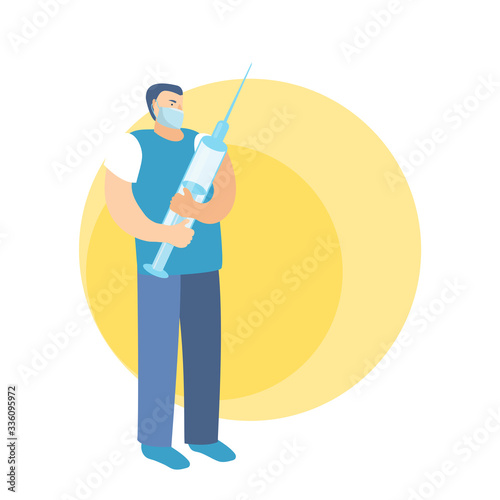 vector doctor man in uniform mask with syringe clinic illustration