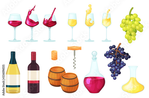Cartoon wine vector illustration. Flat alcohol wineglass bottle, ruby red or white juice drink liquid in glass, beverage barrel, ripe grape in vineyard. Winery factory food set icons isolated on white