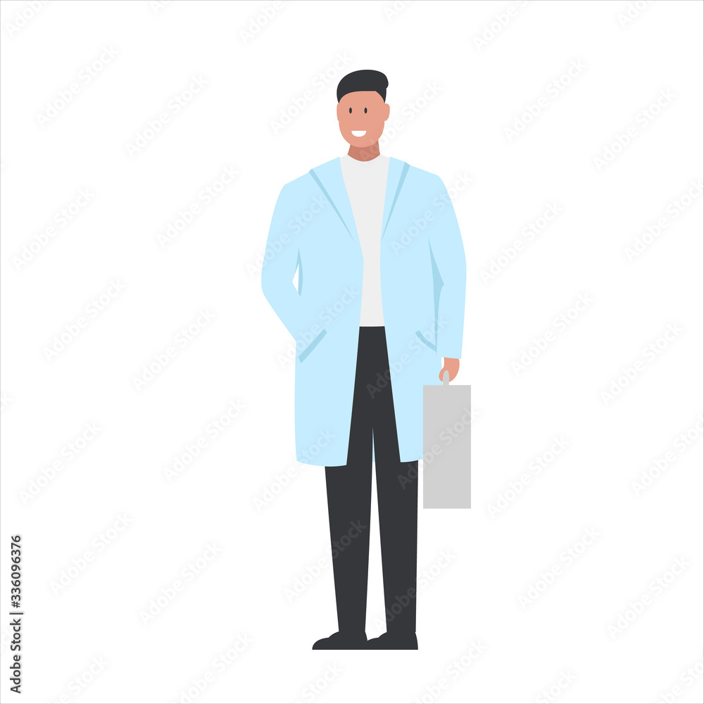 Vector illustration of a character of a smiling male doctor with a briefcase in his hand. It represents a concept of doctors work, medical protection and health safety Vector illustration of a character of a smiling male doctor with a briefcase in his hand. It represents a concept of doctors work, medical protection and health safety