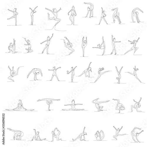 vector, isolated, drawing, one line girl gymnastics, stretching, set