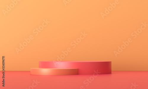 3D rendering of the red geometric booth background. © Zhang