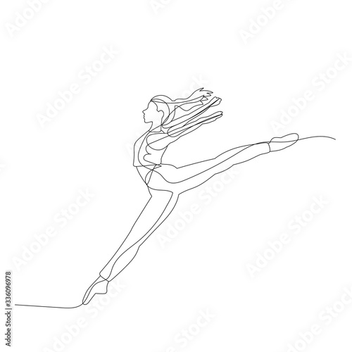 vector, isolated, drawing, one line girl gymnast jumping