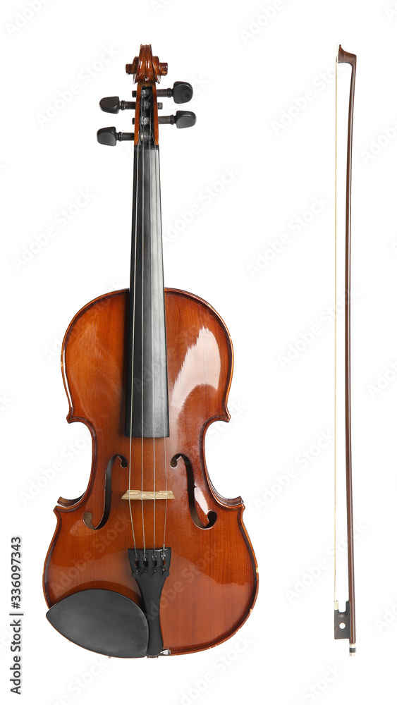 Fototapeta premium Beautiful classic violin and bow on white background