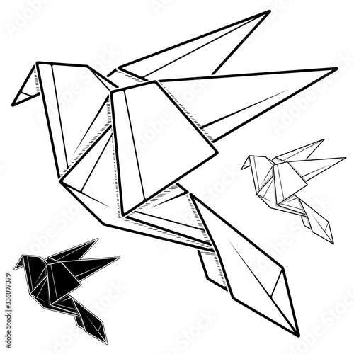 Vector monochrome image of paper dove origami (contour drawing by line).