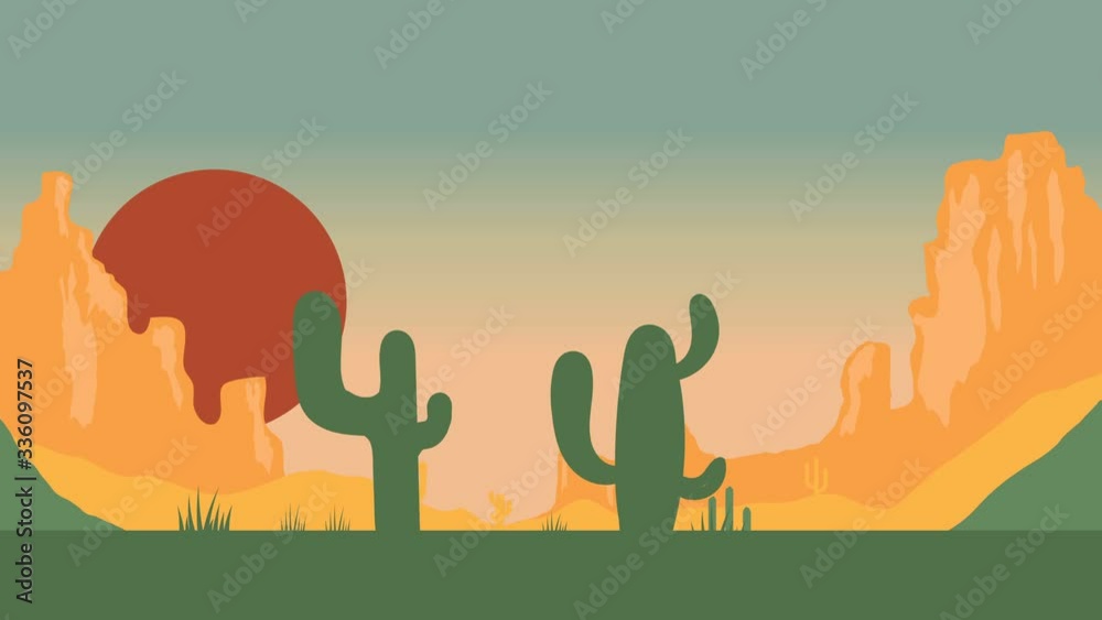 Animated cartoon background. Looped animation of desert landscape with cactuses. Flat footage with parallax effect. side view