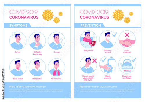 Epidemiological coronavirus informational poster: symptoms, prevention. Vector. Cartoon flat illustration.