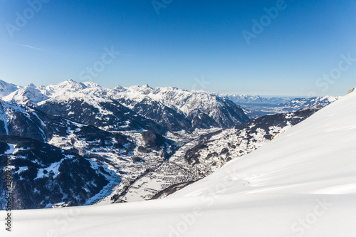 aerial view of Schruns in the Alps valley Montafon located at river Litz in Vorarlberg, Austria, during winter season