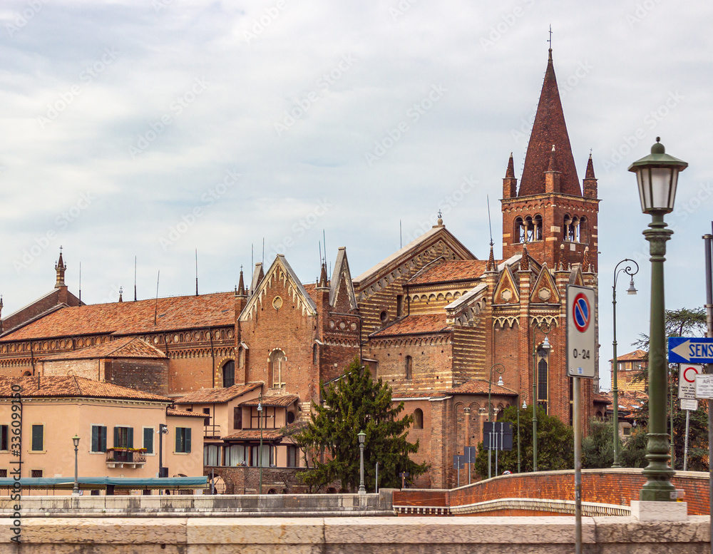 San Fermo Maggiore Church with a lower romanesque level and an upper gothic level with an ornate wooden ceiling in the old part of Verona city, Italy.