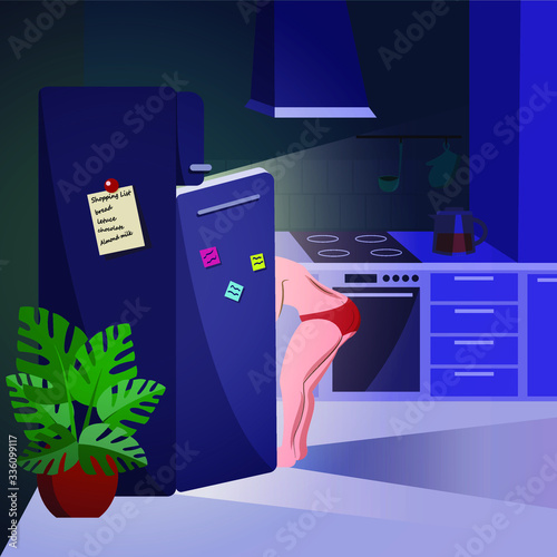 Woman looking in the fridge at night. Nightly overeating, eating disorder and emotional problems concept. Trendy cartoon vector illustration. Night guzzler.