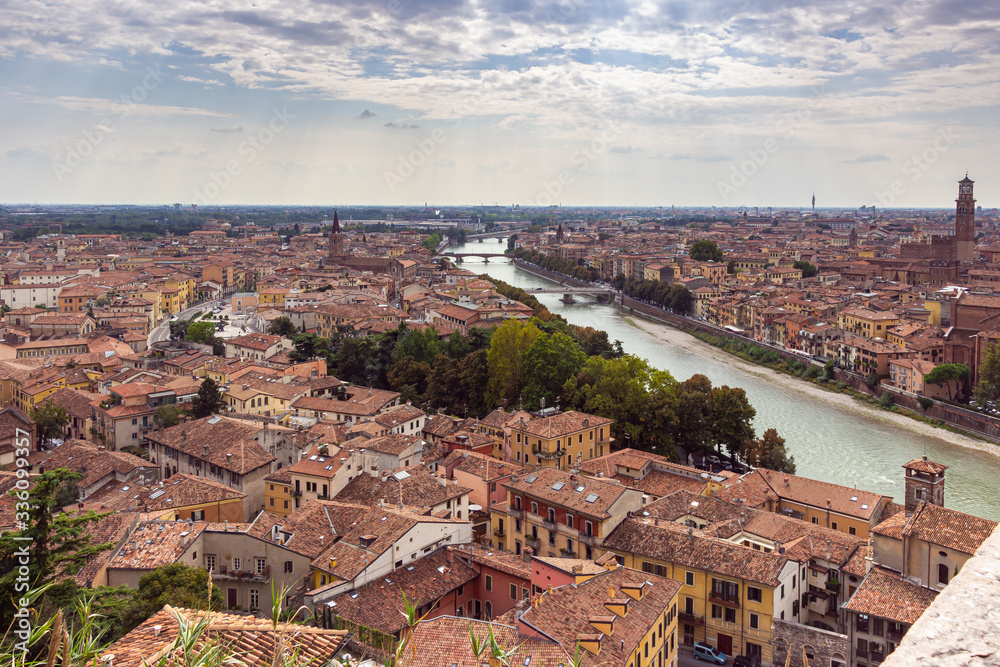 Panoramic  view of river Adige, bridges and the old part of Verona city, Italy.