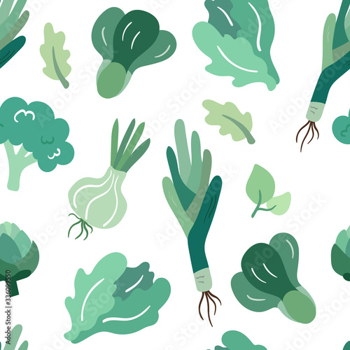 Seamless pattern with hand drawn green vegetables & salads. Doodle style greens isolated on white background. Repeating texture for vegetarian, vegan food wrapping, decoration, food hall. Food sketch.