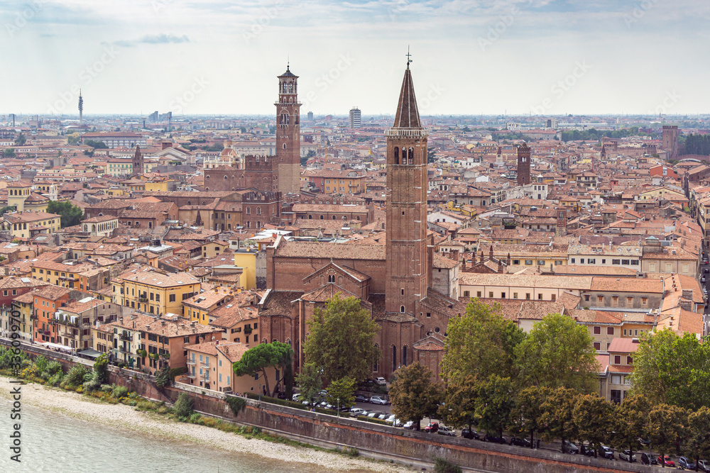 View  of the Adige River and the old town of Verona from the observation point Punto panoramico Castel S. Pietro located on the square Piazzale Castel S. Pietro in Verona, Italy