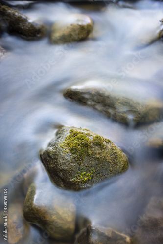 Close up of stone in river with green overgrowth. Long exposure of a mountain stony creek inside in the forest.