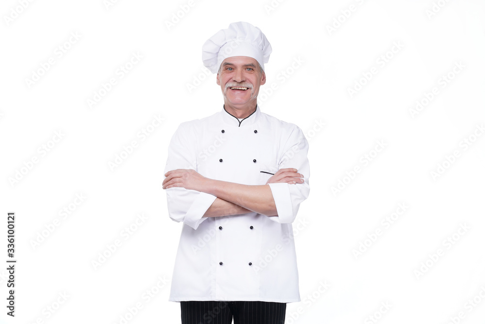 Successful eldery chef crossed arms, portrait on white background isolated Successful eldery chef crossed arms, portrait on white background isolated