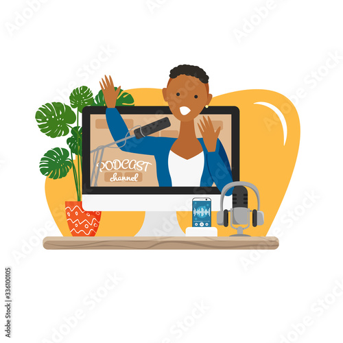 Vector illustration of video podcast channel with african american leader. Beautiful woman is speaker of webinar, online training. Design of sound recording equipment, microphone, headset isolated