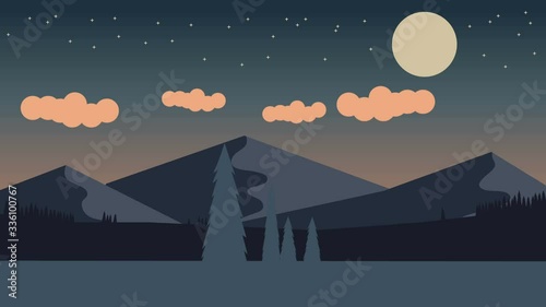 Animated cartoon background. Looped animation of mountain landscape with pine trees. Flat footage with parallax effect. side view