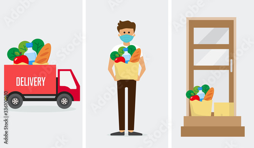 food safe delivery service, online order tracking, courier delivering grocery order to the home of customer with mask, vector illustration