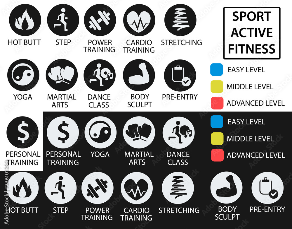 Fitness icons with training and difficulty levels for scheduling in fitness and sports clubs. Also for use when developing websites and handouts. Set of the sports icons.