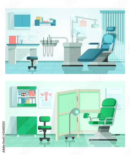 Dentist office vector illustration. Cartoon dental chair in hospital interior  modern clinic medical equipment in room cabinet. Flat dentistry medicine  office stomatology practice landing page set