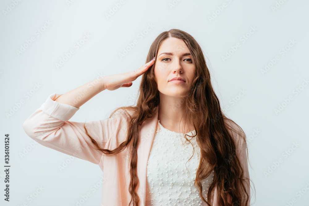 young beautiful girl salutes hand young beautiful girl salutes hand