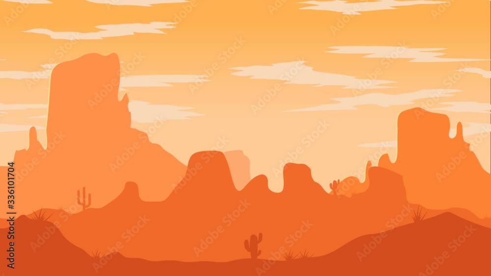 Animated cartoon background. Looped animation of desert landscape with cactuses. Flat footage with parallax effect. side view