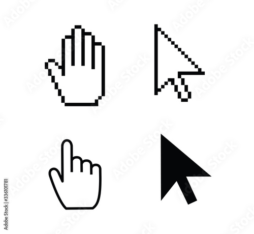 Pointer cursor icons. Web arrows cursors, mouse clicking and grab hand pixel icon. Computer pointers, internet cursor