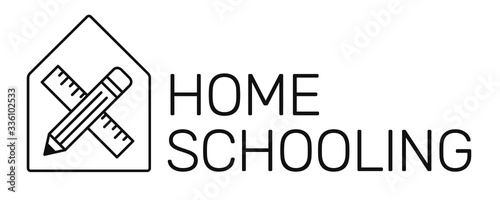 Homeschooling Icon Type. Study and learn at home. Home schooling and quarantine precaution to stay safe from Coronavirus COVID-19 Virus. Drawing illustration. Corona Hausarbeit.