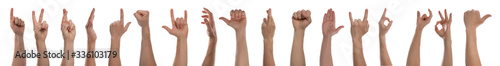 Collage with  man showing different gestures on white background, closeup view of hands. Banner design photo