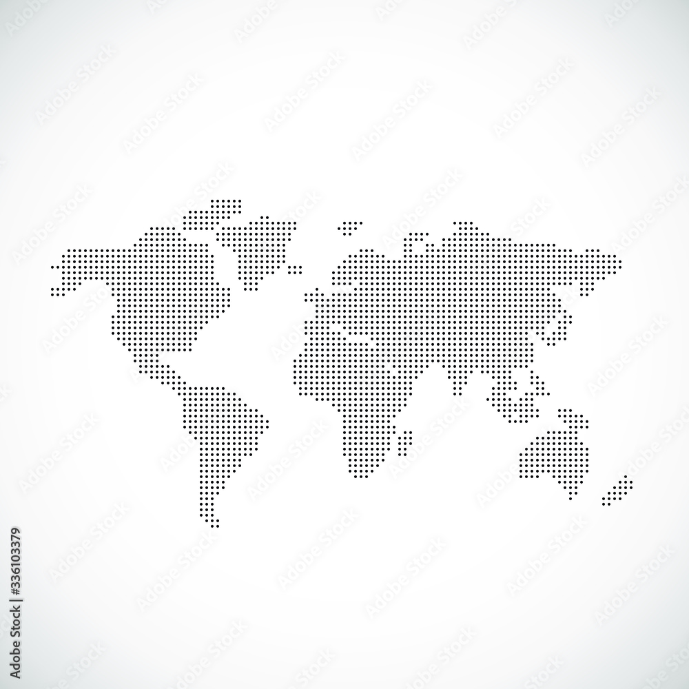 Vector Dotted World Map Background Light and Dark for Illustrator and Powerpoint. Continents: Europe, Asia, Australia, America, Africa