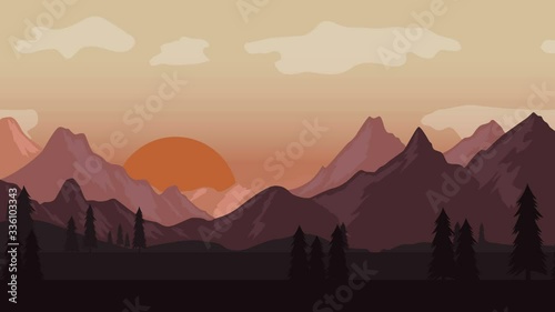 Animated cartoon background. Looped animation of mountain landscape with pine trees. Flat footage with parallax effect. side view