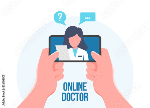 Online doctor consultation by smartphone. Vector illustration.