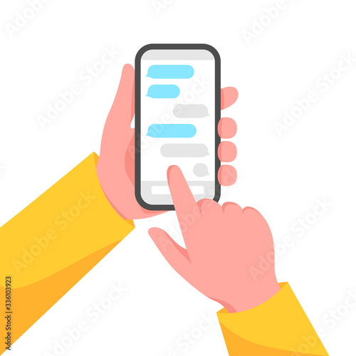 Hands holding smartphone with messenger on screen. Vector illustration.