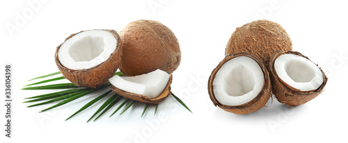 Ripe coconut halves isolated on white. Banner design © New Africa