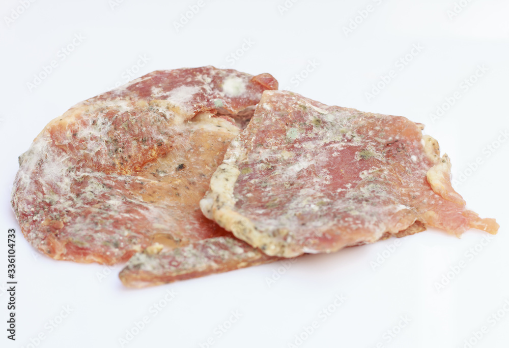 Close up Moldy spores on Dried pork isolate Close up Moldy spores on Dried pork isolate