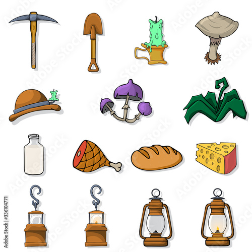 Set of cartoon game items on white