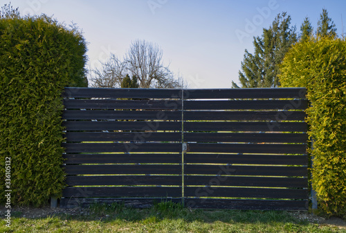 Wooden gate with lock and bushes on both sides