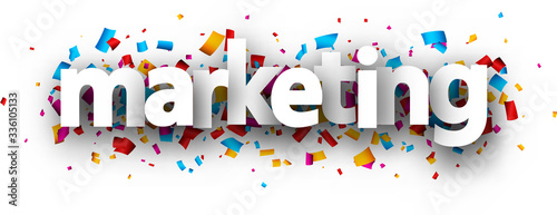 White marketing sign over confetti background.