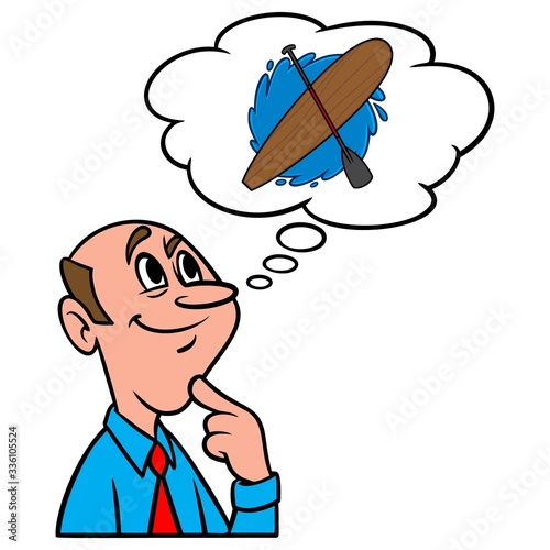 Thinking about Paddle Boarding - A cartoon illustration of a man thinking about Standup Paddle Boarding.