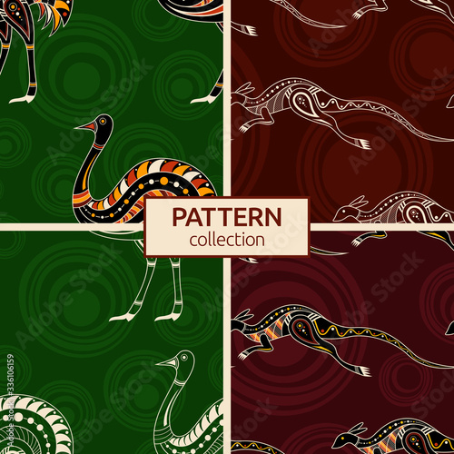 Set of four seamless fashion colorful australian animals patterns. Australian art. Aboriginal painting style, aboriginal ornament. Modern stylish textures. Vector color backgrounds.