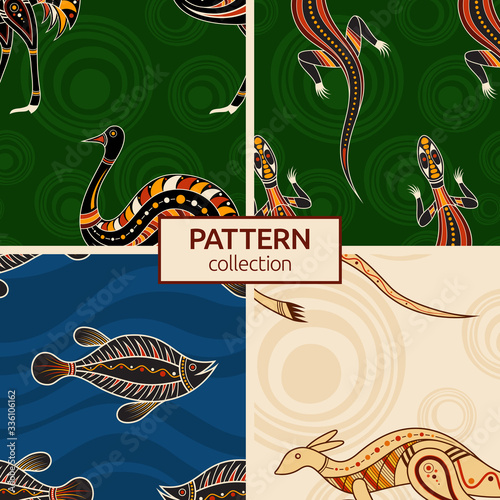Set of four seamless fashion colorful australian animals patterns. Australian art. Aboriginal painting style, aboriginal ornament. Modern stylish textures. Vector color backgrounds.