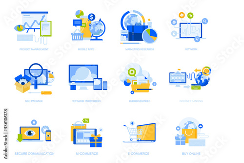 Flat design icons collection. Vector illustrations for project management, mobile apps and services, social network, cloud services, e-commerce, internet security, e-banking, SEO, digital marketing.