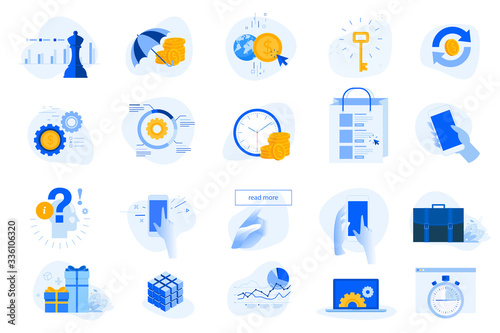 Flat design concept icons collection. Vector illustrations for business, finance, banking, insurance, strategy and analysis, investment, e-commerce, seo, time management, smartphone using. 