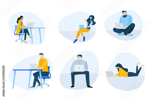 Flat design icons collection. Vector illustrations of people using a laptop for work, communication and entertainment. Icons for graphic and web designs, marketing material and business presentation.