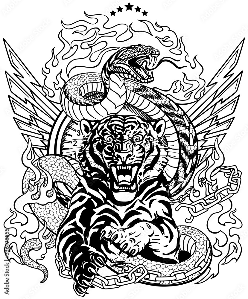 Roaring Tiger In The Jump And Snake Like Road Design Template Include Broken Chain Tongues Of Flame And Wings Black And White Biker Tattoo Vector Illustration Stock ベクター Adobe Stock Roaring Tiger In The Jump And Snake Like Road Design Template Include Broken Chain Tongues Of Flame And Wings Black And White Biker Tattoo Vector Illustration Stock ベクター Adobe Stock