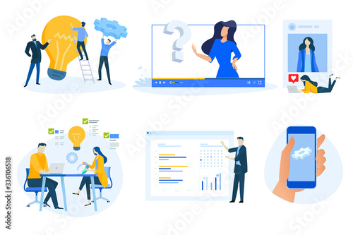 Flat design concept icons collection. Vector illustrations of project management, business presentation, social media, video tutorial, distance education, star rating, mobile app maintenance. 