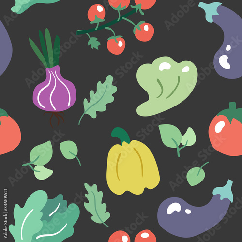 Seamless pattern with hand drawn green vegetables & salads. Doodle style greens isolated on gray background. Repeating texture for vegetarian, vegan food wrapping, decoration. Bright food sketch.