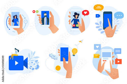Flat design icons collection. Vector illustrations of social media and networking, digital communication, mobile apps. Icons for graphic and web designs, marketing material and business presentation.