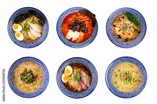 Set of different types of Japanese ramen, tantanmen, shio ramen, shrimp, wood mushrooms, top view on the white background, in blue traditional bowls, isolated